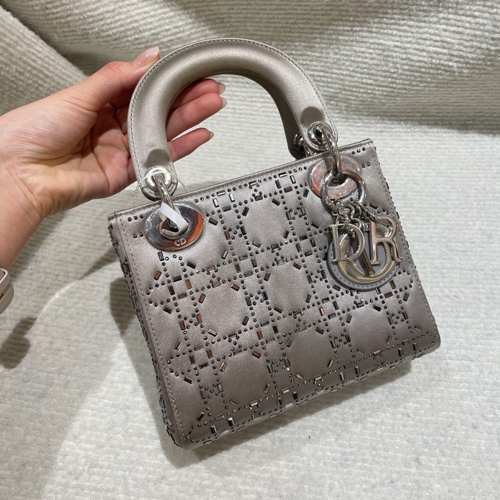 Dior Satin crystal cannage mini lady Dior gray Handbag